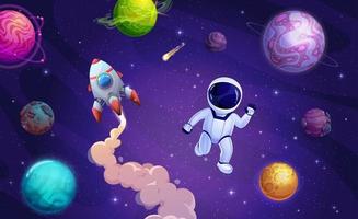 Cartoon astronaut in outer space starry galaxy vector