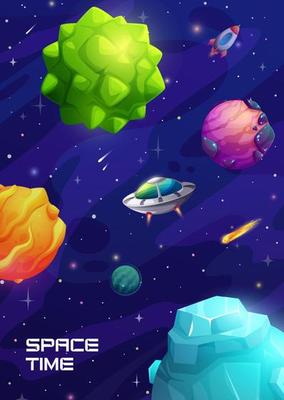 Cartoon space landscape, galaxy planets and UFO