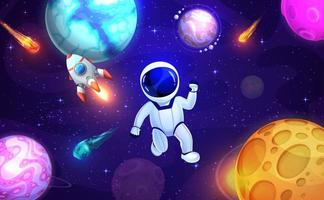 Cartoon astronaut in outer space, rocket spaceship