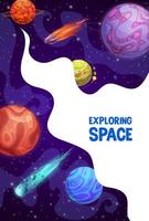 Space exploring poster with planets and asteroids vector