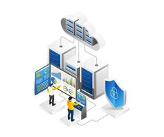 Isometric flat 3d illustration concept cloud server endpoint team analytics vector