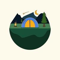 round Night campground landscape with a tent and campfire. camping concept flat vector icon illustration.