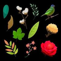 Beautiful flowers, plants and leaves. Vector illustrations of iris flower, bird and peony for floral background and wedding invitations and frame