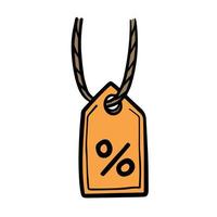 Cardboard label with rope with percentage sign. Empty template for cardboard tag for Sale and retail. Hand-drawn store discount. Cartoon outline illustration vector