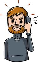 Man with mobile phone. Unpleasant conversation. Angry bearded guy with modern device. Cartoon hand drawn sketch illustration vector