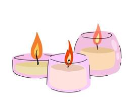 Scented candles in glass jar. Romantic Flame and fire in decorative glass. Doodle cartoon isolated on white background vector