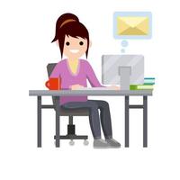 la joven se sienta a la mesa con la computadora y recibe una carta. ilustración plana de dibujos animados. trabajo en oficina. sobre postal en burbuja. correo electrónico en messenger, chatear con amigos en internet