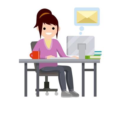 Young woman sit at table with computer and receives letter. Cartoon flat illustration. Work in office. postal envelope in bubble. e-mail in messenger, chat with friends on Internet