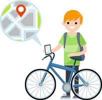 Bicycle with guy with backpack. Healthy lifestyle. Cartoon flat illustration. Urban transport. Hobby and sport. City map and navigation. Modern technology. Young boy vector