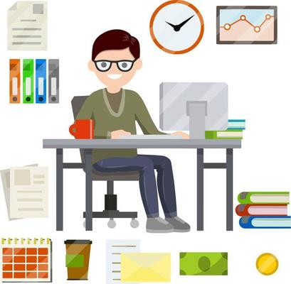 Man sit at Desk with computer and typing the text message in front of monitor. Set of business icons-yellow folder, case for document, schedule, red coffee mug, cash. Flat picture. Businessman at work