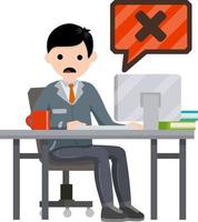 Sad office worker under stress. Man sitting at computer. error message is bug and virus. access is closed. Work for service repair. Cartoon flat illustration vector