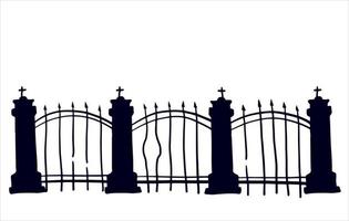 Old fence of cemetery. Halloween decoration. Black silhouette of gloomy wall. Flat illustration isolated on white vector