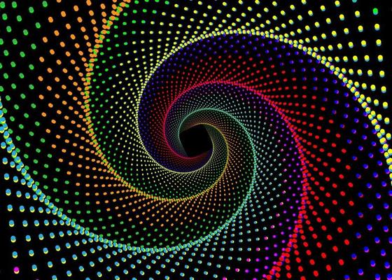 Black, red, pink, blue, cyan, orange, green, and yellow dotted spiral vortex square vector template. Colorful wavy swirl pattern dots background.