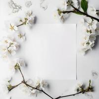 Capturing the Beauty of Blossoms. Overhead Product Photography of Horizontal Blank Paper with Surrounding Blooms photo