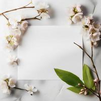 Capturing the Beauty of Blossoms. Overhead Product Photography of Horizontal Blank Paper with Surrounding Blooms photo