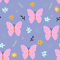 seamless pattern with abstract flowers and butterflies.Childish print for wallpaper,kids fabric,nursery interior,pastel baby shower illustration in doodle style,violet background. vector