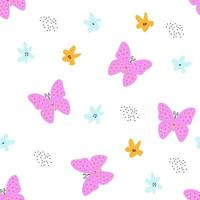 seamless pattern with abstract flowers and butterflies.Childish print for wallpaper,kids fabric,nursery interior,pastel baby shower illustration in doodle style,white background vector