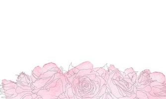 ectangular banner of a rose in line art style with pink watercolor stain backing. Hand drawn flower. Place for text or inscription. vector