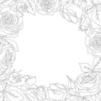 Square frame of a rose and leaves in line art style. vector