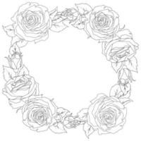 Wreath of a rose and leaves in line art style. Hand drawn flower. Black and white drawing. vector