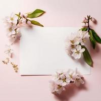 Capturing the Beauty of Blossoms. Overhead Product Photography of Horizontal Blank Paper with Surrounding Blooms photo