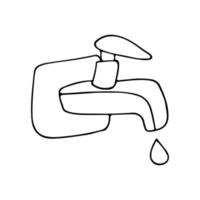Faucet with water dripping from it. Black and white icon, sketch. Tap water. Save water. Hand drawn vector illustration.