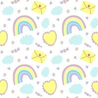 Rainbow, clouds, candies, envelope, heart, flowers seamless pattern in pastel colors. Vector illustration. Perfect for baby bedding, clothes, background, wrapping paper.
