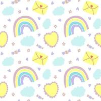 Rainbow, clouds, candies, envelope, heart, flowers seamless pattern in pastel colors. Vector illustration. Perfect for baby bedding, clothes, background, wrapping paper.