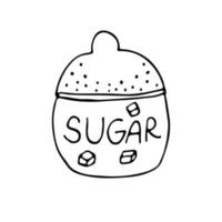 Single circle shape jar of sugar with sugar cubes and lettering on it. The jar has a lid. Black and white jar vector illustration isolated on white background.