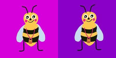 Cute cartoon bee character standing with a tiny bucket of honey. Vector illustration.