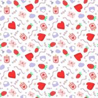 Seamless pattern for Valentine's day, spring, summer, celebration. Heart, strawberry, envelope, ribbons, scissors, candy, cloud, flowers, candle. Hand drawn vector illustration.