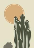 Abstract contemporary aesthetic illustration with cacti and sun. Earth tones, beige colors. Boho wall decor. Mid century modern minimalist art print. Organic shapes vector