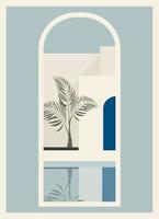 Minimalist Moroccan architecture landscape view through window. White simple style architecture. Water and palms near palace. Vector illustration