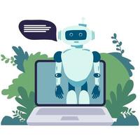 Robot online assistance and machine learning. Flat vector illustration of futuristic robot working with laptop for coding or developing project. Chatbot texting and supporting customers in live chat