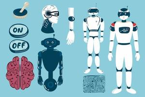 set of Alien robots, future technology cartoon characters. Robotic life forms, futuristic machines or cyborgs workers with artificial intelligence, vector