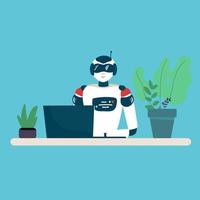 Robot online assistance and machine learning. Flat vector illustration of futuristic robot working with laptop for coding or developing project. Chatbot texting and supporting customers in live chat