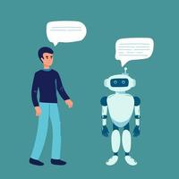 Concept of artificial Intelligence and business automation. Android talking with robot. Flat design, vector illustration.