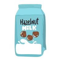 Vegan hazelnut milk in glass bottle, alternative non dairy drink, vector Illustration on white background.