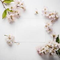 Capturing the Beauty of Blossoms. Overhead Product Photography of Horizontal Blank Paper with Surrounding Blooms photo