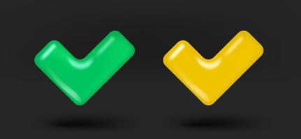 Green and golden checkmark sign collection. 3d vector isolated on black background