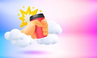 Hot drink in a hand concept. 3d vector banner with copy space