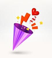 Violet cone with confetti. Surprise concept. 3d vector illustration