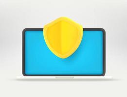 Modern laptop with shield. Computer security concept. 3d vector illustration