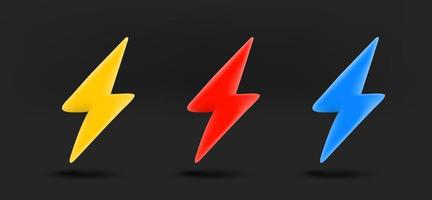 Different color thunderbolt icons collection. 3d vector isolated on black background