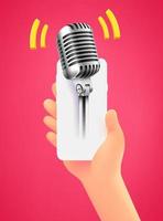 Man holding smartphone with microphone app. 3d vector