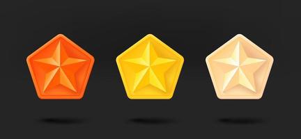 Different color star achievement icons collection. 3d vector isolated on black background