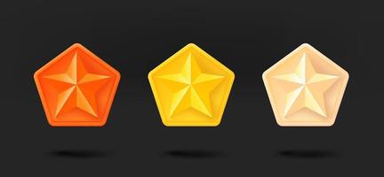 Different color star achievement icons collection. 3d vector isolated on black background