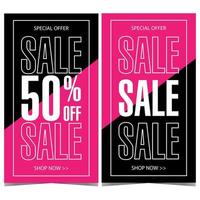 Sale and discount vector banner or poster design template. Shopping promotion and advertisement leaflet or flyer in black and pink colours with indication of price reduction percentage.