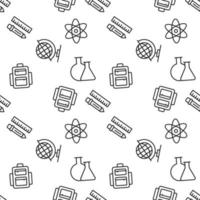 Seamless pattern of liner and pencil, backpack, globe, laboratory bulbs, isolated atom. Perfect for wallpapers, covers, backgrounds, fabric, textile vector