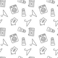 Seamless vector repeating pattern of washing machine, teapot, coat hanger, salt and pepper is made of line icons for polygraphy and websites